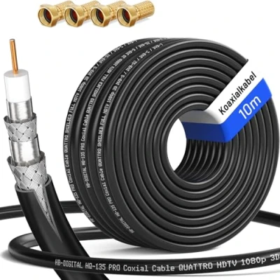 Afbeelding van HB DIGITAL 10m Coaxkabel HQ 135 Antennekabel 135dB SAT kabel 8K 4K UHD 4 Voudig Afgeschermd voor DVB S / S2 C C2 T T2 DAB+ Radio BK Systemen + F Stekker GRATIS