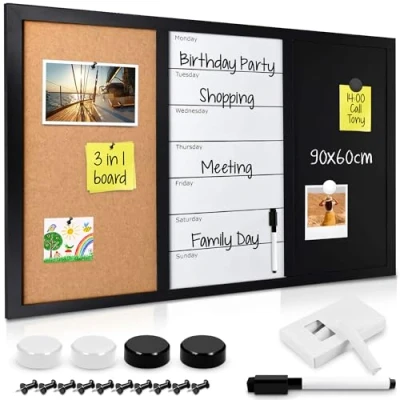 Afbeelding van Navaris decoratief 3 in 1 memobord Handig prikbord, whiteboard en krijtbord Inclusief weekplanner Met krijt, marker, magneten punaises