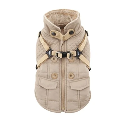 Afbeelding van Puppia Wilkes Winterhondenjas met geïntegreerd harnas, anti trek, koud weer, waterdicht, warme fleece ritssluiting aan de achterkant, voor kleine en middelgrote honden, beige, Medium