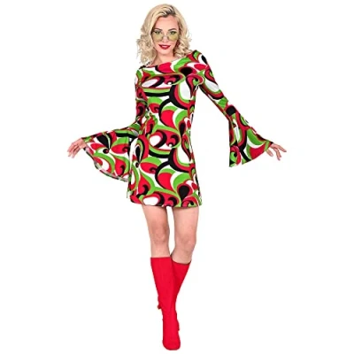 Afbeelding van Widmann Hippie Kostuum Miss Seventies Jurk Vrouw Rood, Groen XS Carnavalskleding Verkleedkleding