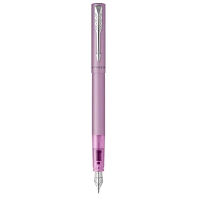 Afbeelding van Parker Vector XL vulpen fijne penpunt metallic lila lak op messing met chroom detail blauwe inkt navulling cadeauverpakking
