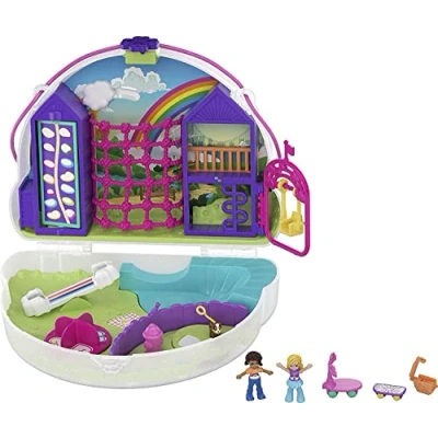 Afbeelding van Polly Pocket Regenboog Handtas Compact met 8 Leuke Functies, Micropoppen en Shani, 2 Accessoires een Stickervel, voor kinderen van 4 jaar ouder, GKJ65