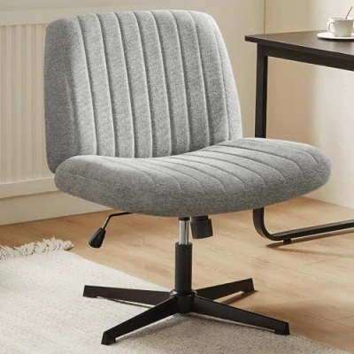 Afbeelding van Sweetcrispy Criss Cross stoel Legged, Armloze Bureaustoel zonder wielen, Draaibare kaptafel, In hoogte verstelbare brede computer taak stoel, stoffen ijdelheid moderne thuisstoel grijs