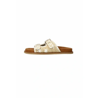 Afbeelding van Sacha Dames Beige raffia slippers met witte details Maat 36