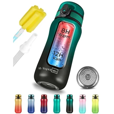 Afbeelding van Thermo Minny roestvrijstalen waterfles lekvrij met rietje of zeef 400ml, 600ml robuuste voor kinderen en volwassenen (groen zwart, 400 ml)
