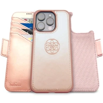 Afbeelding van Dreem Fibonacci compatibel met iPhone 16 Pro Max portemonnee case / 2 in 1 schokbestendig hoesje en afneembare veganistisch lederen folio, MagSafe, RFID bescherming [Roos]
