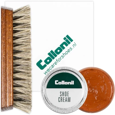 Afbeelding van Collonil Schoenpoets set 3 delig Shoe cream Poetsdoek Borstel Licht bruin