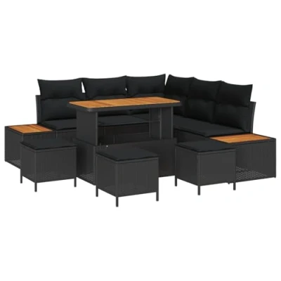 Afbeelding van vidaXL 9 delige Tuin Sofa Set met Kussens Zwart Poly Rattan Acacia