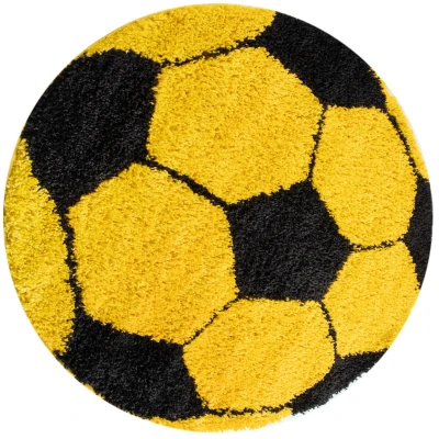 Afbeelding van Fun Voetbal Kinderkamer Vloerkleed Hoogpolig Geel 120 cm rond