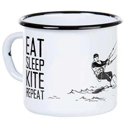 Afbeelding van MUGSY Emaille Mok Eat Sleep Kite Repeat, Surfen Motief Mok, Outdoor Apparatuur, 330ml, Koffie