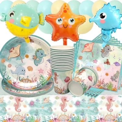 Afbeelding van Doyomtoy Partyservies, zeedieren, 68 stuks, oceanen, verjaardagsdecoratie, oceaan, zee, verjaardagsborden, kopjes, servetten voor kinderen, verjaardagscadeaus