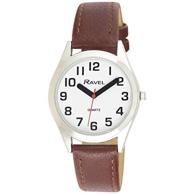 Afbeelding van Ravel Uniseks super gewaagd zicht hulp horloge met grote getallen (36mm) bruin/zilverkleurig/witte wijzerplaat