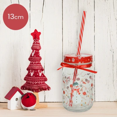 Afbeelding van Glazen limonadebeker kerst met sneeuwpop en rietje Ø7,3 x 13 cm