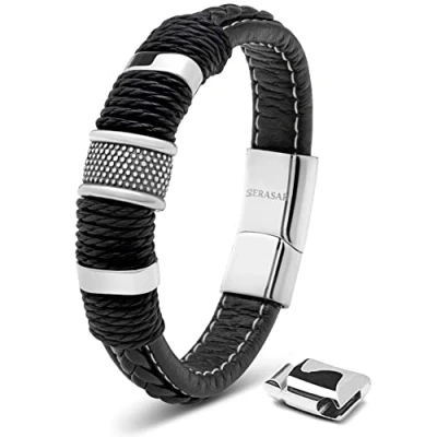 Afbeelding van SERASAR Armband Man Zilver Herenarmbanden Heren Leer voor 20cm Lederen Leren Mannen Cadeau Sieraden Vlechtarmband Wikkelarmband Ketting Leather Bracelet