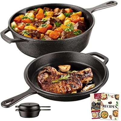 Afbeelding van 2 in 1 gietijzeren braadpan met pannendeksel 3I pan + 1.4I klaar voor gebruik lange steel keuken camping tuin barbecue bakken