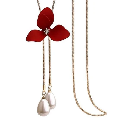 Afbeelding van N3 Collecties Lange ketting rode bloem gesimuleerde parel kettingen hanger vrouwen