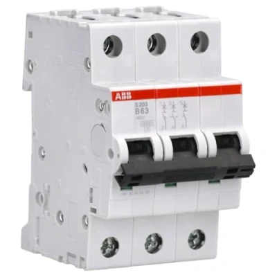 Afbeelding van Abb s203 installatieautomaat 3p b karakteristiek 63a iec en 60898 1 6 ka iec60947 2 10 3 modulen breedte 52 5mm 2cds253001r0635
