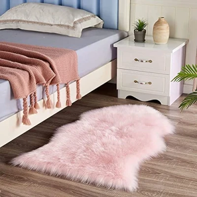 Afbeelding van HEQUN Lamsvachttapijt, kunstbont, imitatie schapenvacht, woonkamertapijten, wollig, lang haar, bont look, gezellige bedkleed, bankmat (roze, 75 x 120 cm bontvorm)