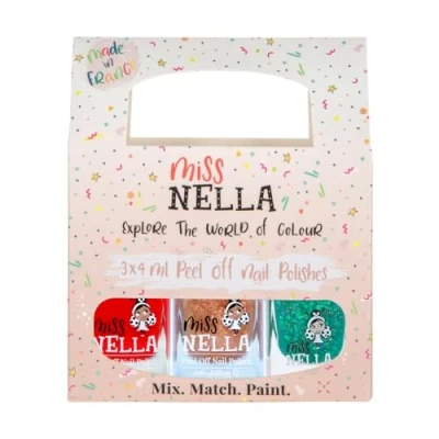 Afbeelding van Miss Nella Nagellak met kerstglitter, verwijderbaar, geurloos, op waterbasis en veilig voor kinderen, 3 stuks, groen (glitter), rood goud (glitter)