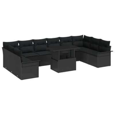 Afbeelding van vidaXL 11 delige Tuin Sofa Set met Kussens Zwart Poly Riet, 2 zits Opslag &amp; Riet