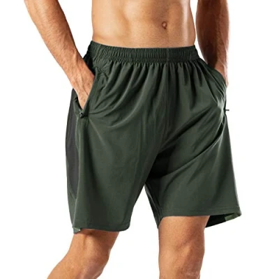 Afbeelding van korte hardloopbroek voor heren, sneldrogend, sport, broek met ritszak, legergroen, 4XL