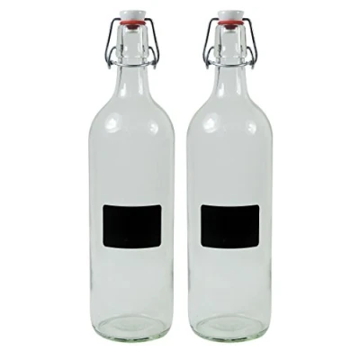 Afbeelding van mikken 2 x lege glazen fles 1000 ml met beugelsluiting van porselein om zelf te vullen, incl. etiketten