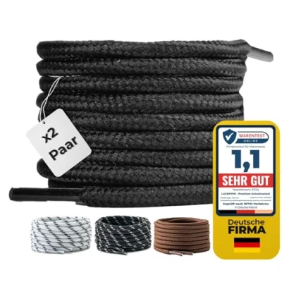 Afbeelding van LaceHype 2 paar premium ronde veters, diameter 4 mm, voor werkschoenen, laarzen, outdoorschoenen en sportschoenen, scheurbestendige schoenveters, vervangende schoenveters van polyester, zwart, 150 cm