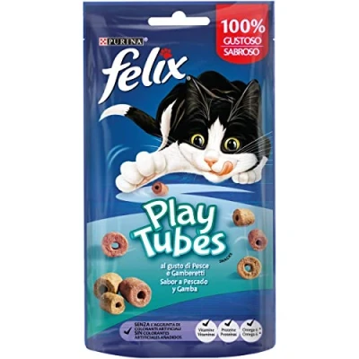 Afbeelding van Felix Purina Speelbuisjes Snackkat met vis en garnalen, 8 verpakkingen van 50 g