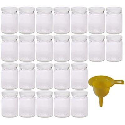 Afbeelding van Viva Haushaltswaren 24 x kleine inmaakpot 106 ml met wit deksel, ronde glazen potjes als jampotten, kruidenpotjes, gastgeschenk enz. te gebruiken (incl. trechter).