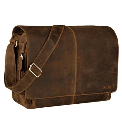 Afbeelding van STILORD &#039;Alex&#039; Vintage Leer Schoudertas Mannen Vrouwen Groote Businesstas 15,6 Inch Laptoptas Aktetas Universiteitstas, Kleur:calais bruin