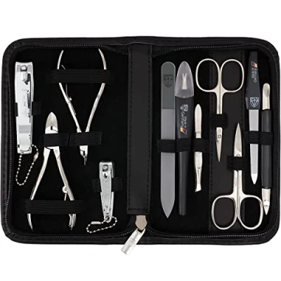 Afbeelding van DREI SCHWERTER Germany 11 delig &#039;Spezia&#039; manicureset nagelset etui in echt leer zwart inhoud: huidschaar, nagelschaar, nageltang, nagelknipper, huidtang, pincet, glasnagelvijl enz