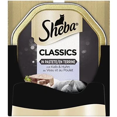 Afbeelding van Sheba Classics in Paté kattenvoer hoogwaardig natvoer 22 bakjes taartjes met fijne stukjes kalfsvlees en kip pak van 2 (2 x 11 à 85 g)