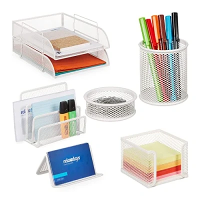 Afbeelding van Relaxdays Bureau organizer set 7 delig pennenhouder memokubus metaal mesh wit
