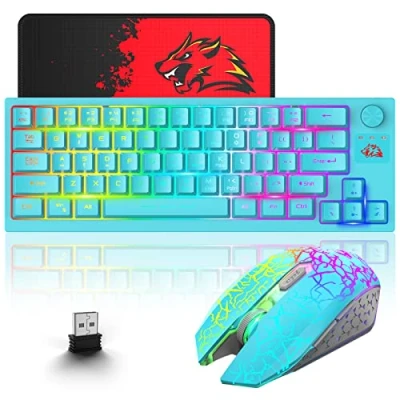 Afbeelding van 60% Draadloos gaming toetsenbord muis combo, 64 toetsen met knop 3800mAh Oplaadbaar batterij RGB verlichting Keyboard, 2400 DPI regenboog mute muispad, Compatibel PS4/PS5/PC/Laptop Blauw