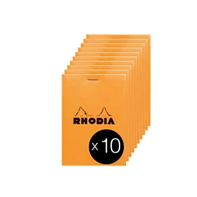 Afbeelding van RHODIA 12200Cpack notitieblok nr. 12 oranje 8,5 x cm kleine ruitjes 80 afneembare vellen wit licht papier g/m² omslag van gecoate kaart verpakking met 10 blokken