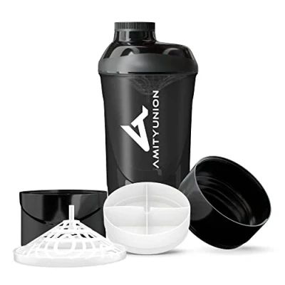 Afbeelding van Fitness shaker 700 ml met 2 extra compartimenten Luxe proteïneshaker volledig lekvrij BPA vrij zeef en weegschaal voor wei BCCA poeder, bidon trainingstherapie zwarte rookbeker