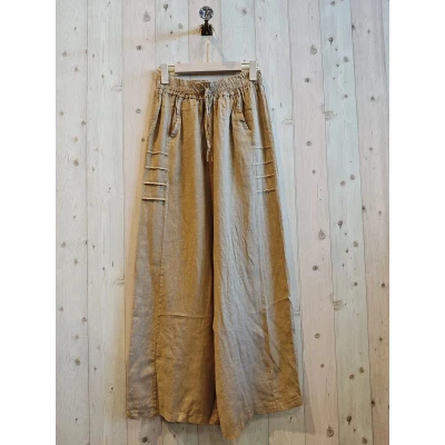 Afbeelding van Linnen broek met uitlopende pijpen decoratieve strepen onder de zijzakken kleur MODDER BRUIN maat 42