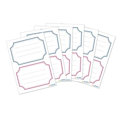 Afbeelding van HERMA 5781 Boeketiketten om te beschrijven, neutraal, blauw, rode rand, 12 stuks, 78 x 53 mm, zelfklevend, gelinieerd, boekenstickers voor school, kinderen, meisjes en jongens, blanco nifetiketten,