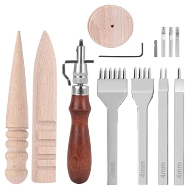 Afbeelding van Lederen gereedschapsset handgereedschap Couture leer handwerk handnaaien, 1 set gat stansen naden punch gereedschap pen + leerschaaf groover rond leerhandwerk randpolijstmachine