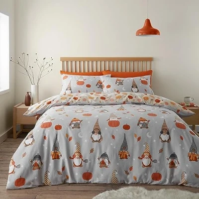 Afbeelding van Catherine Lansfield Geborsteld Katoen Autumn Gonks Omkeerbare Dubbele Dekbedovertrek Set met Kussenslopen Grijs
