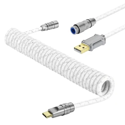 Afbeelding van MAMBASNAKE C05 Custom Opgerolde USB C Kabel voor Gamingtoetsenbord, Nylon Braidedn, A naar C, Mechanische Toetsenbordkabel met Dubbele Mouwen en CNC Metalen Luchtvaartconnector, 4.92ft Wit