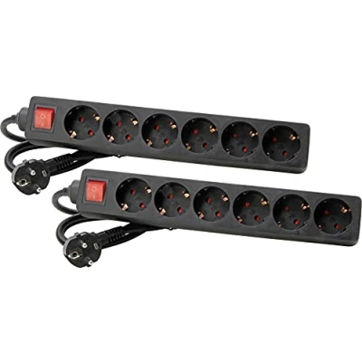 Afbeelding van Kopp Set van 2 6 voudige contactdoosstroken, polige verlichte schakelaar, 45 gedraaide contactdozen, verhoogde aanrakingsbeveiliging, 1,4m kabel H05VV F3G1,5mm², 16A, 250V , zwart, 120915855