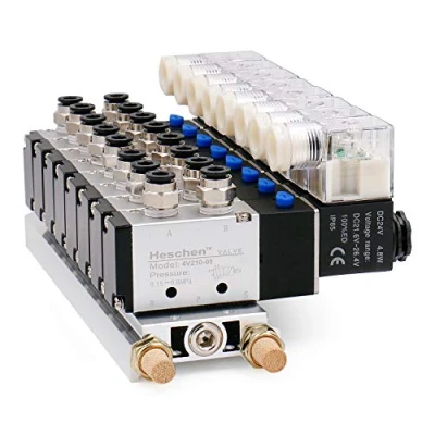 Afbeelding van Heschen Geïntegreerde 8 Space Spruitstuk Magneetventiel 4V210 08 DC24V G1/4 &quot;5 Manier 2 Positie met Base Uitlaat Snelkoppelingen Set