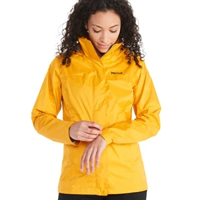 Afbeelding van Marmot Women&#039;s Wm&#039;s PreCip Eco Jacket, Waterproof Lightweight Hooded Rain Windproof Raincoat, Breathable Windbreaker, Ideal for Running and Hiking, Solar, L