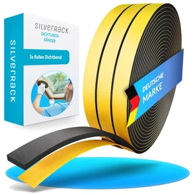 Afbeelding van SilverRack 15 m deurafdichting, zelfklevend, afdichtingstape, zwart, 6 mm x 1,5 mm, op maat te snijden schuimband als raamafdichting, 3 rollen van elk 5 m, tochtstopper, verwarmingskosten besparen