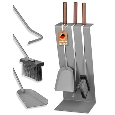 Afbeelding van Haardbestek modern ovenbestek antraciet met schep, pookhaak, bezem haardaccessoires haardset