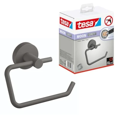 Afbeelding van tesa® MOON GREY Toiletrolhouder, mat grijs Wc rolhouder Zonder Deksel voor Badkamers in Industriële en Moderne Stijl Boren, Zelfklevend 99 mm x 140 53