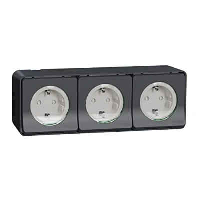 Afbeelding van Schneider Electric Mureva Styl drievoudige PC 2P+T horizontaal voorbekabeld opbouw IK08 grijs 3 stopcontacten