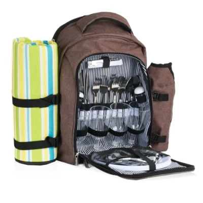 Afbeelding van CampFeuer Picknickrugzak, 32 delig, picknickset voor 4 personen, bruin gemêleerd, met flessenhouder, picknickdeken, koelvak en campingservies, vrijetijdsrugzak, campingrugzak