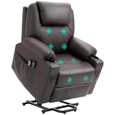 Afbeelding van HOMCOM Televisiestoel met opstahulp, elektrisch, relaxstoel massagefunctie, ligfunctie, ruststoel bekerhouder, afstandsbediening en zijzak, bruin